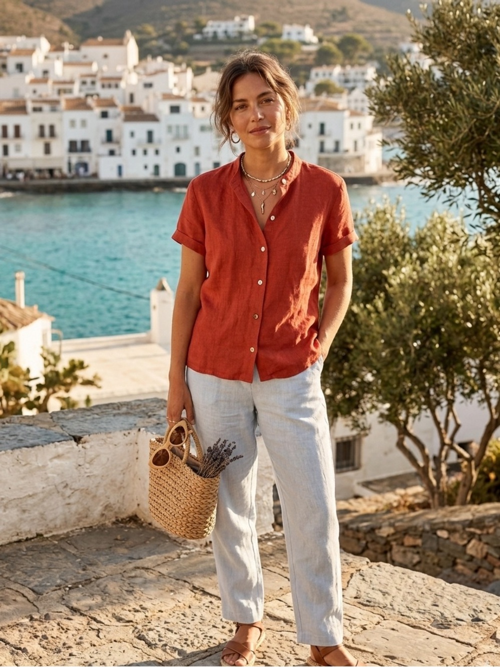 GAP Vintage Red 100% Linen Short Sleeve Band Collar Button Up Top Size L